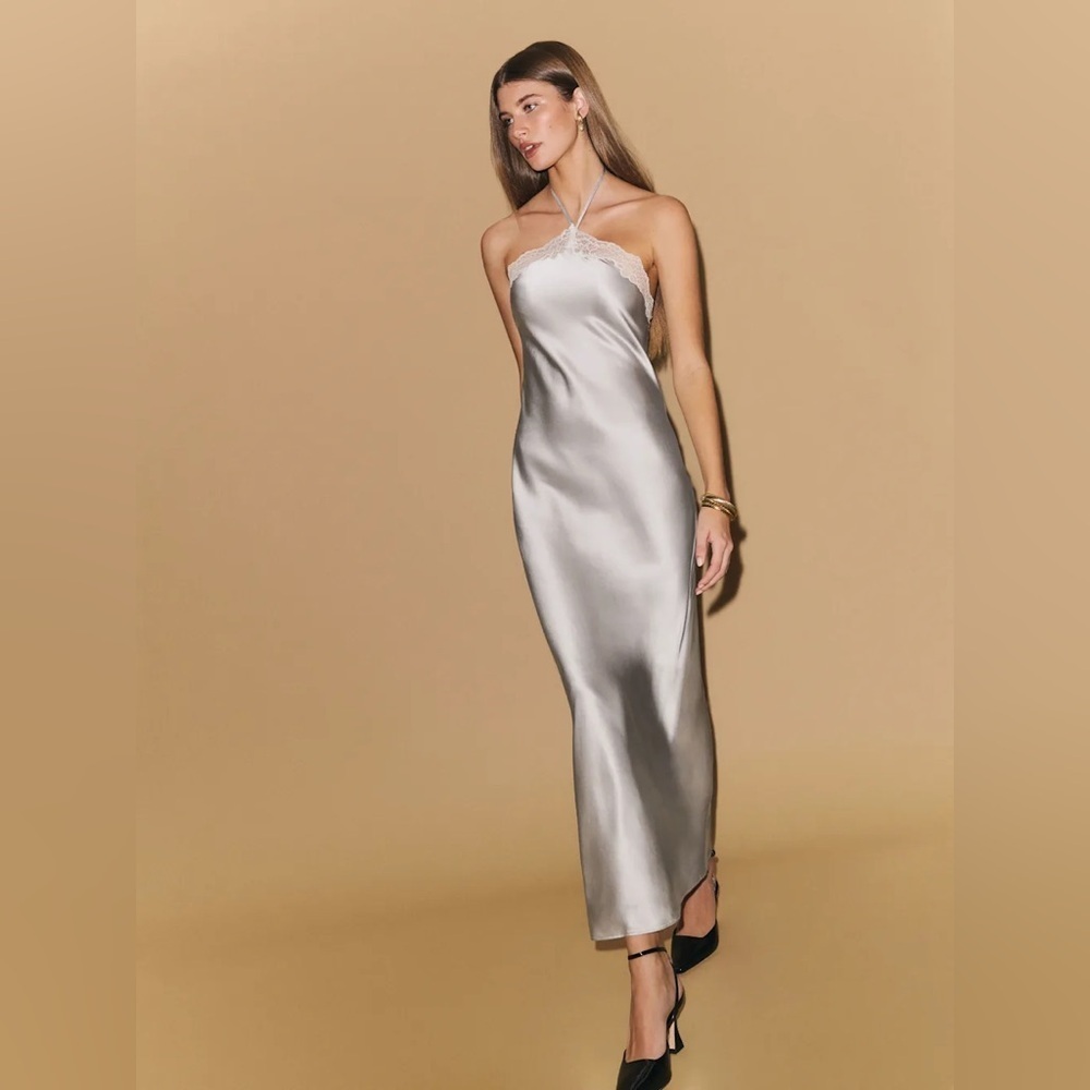 NWT Reformation Aara Silk Lace Halter Midi Maxi Slip Dress Moonlight Light Grey - Picture 2 of 16